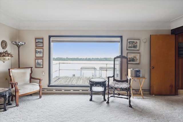 living area with a water view and light colored carpet