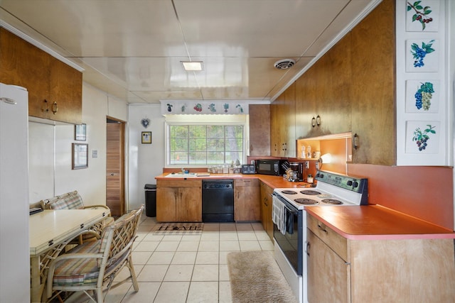 kitchen with light tile patterned flooring, black appliances, and ornamental molding