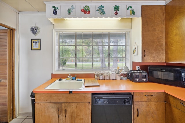 kitchen with black appliances, ornamental molding, sink, and light tile patterned floors