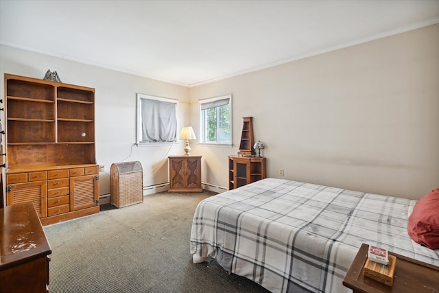 bedroom with carpet flooring, crown molding, and a baseboard heating unit