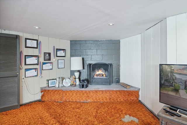 living room with a fireplace