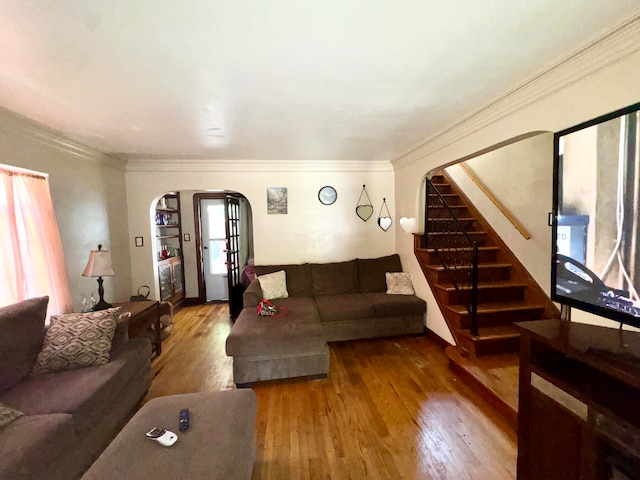 living room featuring hardwood / wood-style floors and crown molding