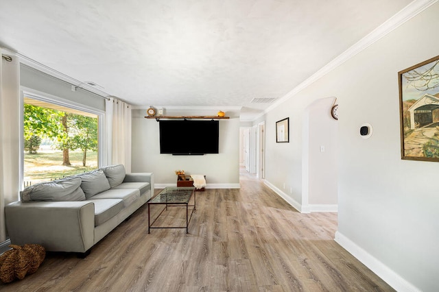 living room featuring ornamental molding and light wood-type flooring