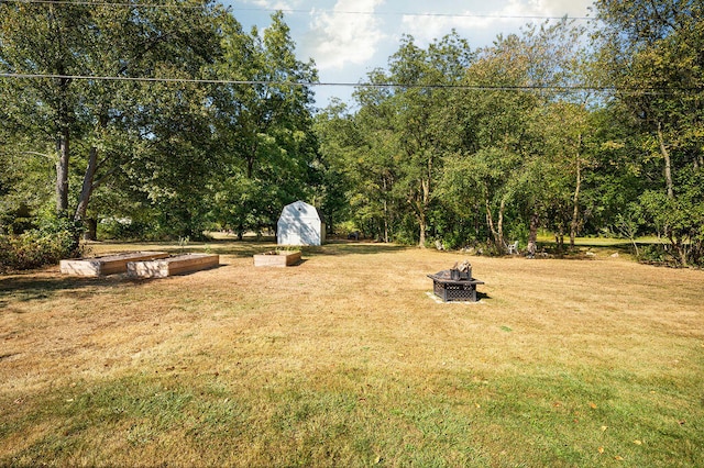 view of yard featuring a shed and a fire pit