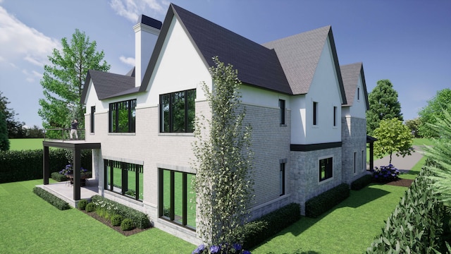 view of property exterior with a lawn, a patio area, and a balcony