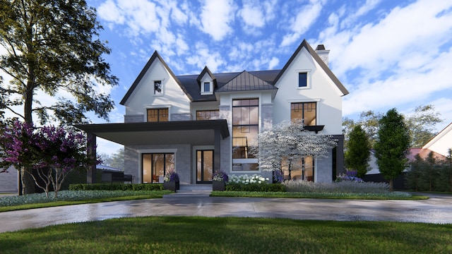 1183 Puritan Ave, Birmingham, MI 48009 - view of front of property with a standing seam roof, a chimney, metal roof, stucco siding, and stone siding