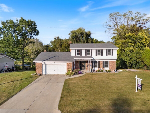 colonial home with a garage and a front lawn