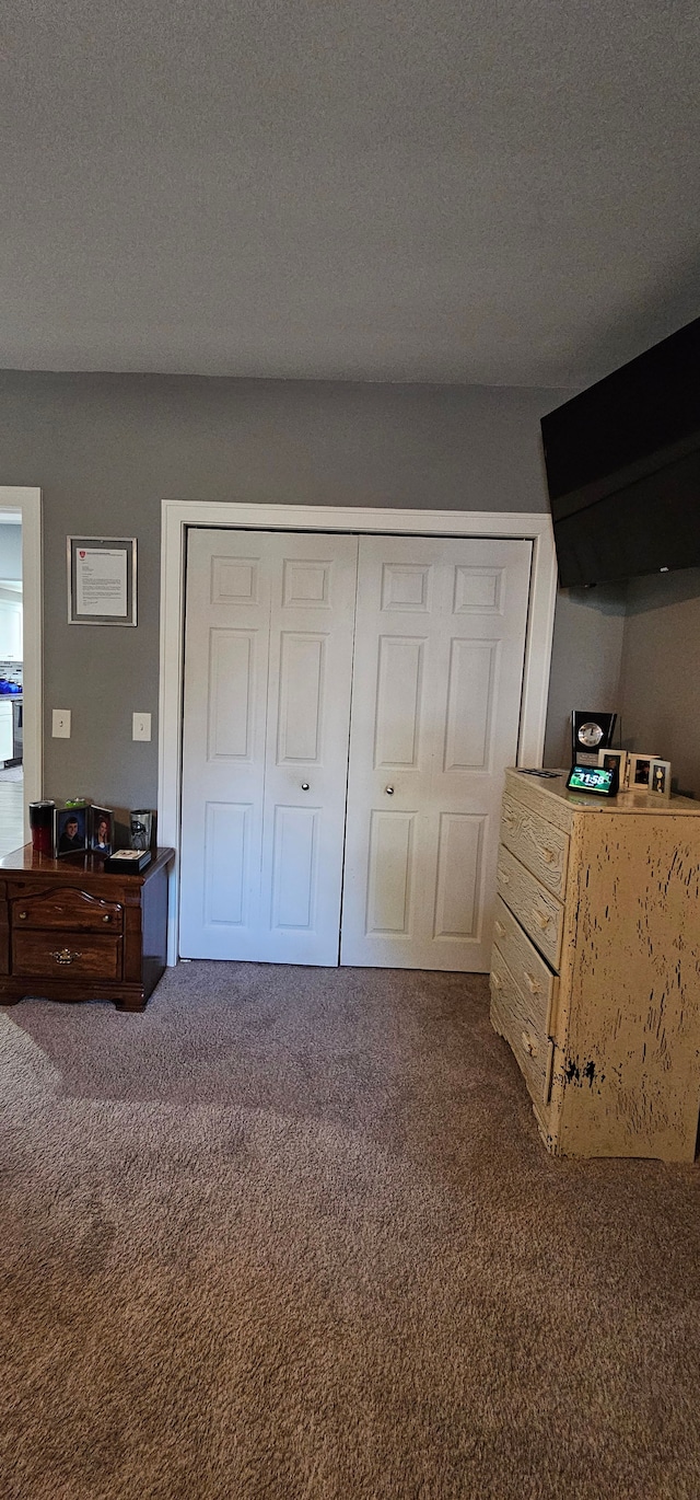 unfurnished bedroom featuring carpet floors, a textured ceiling, and a closet