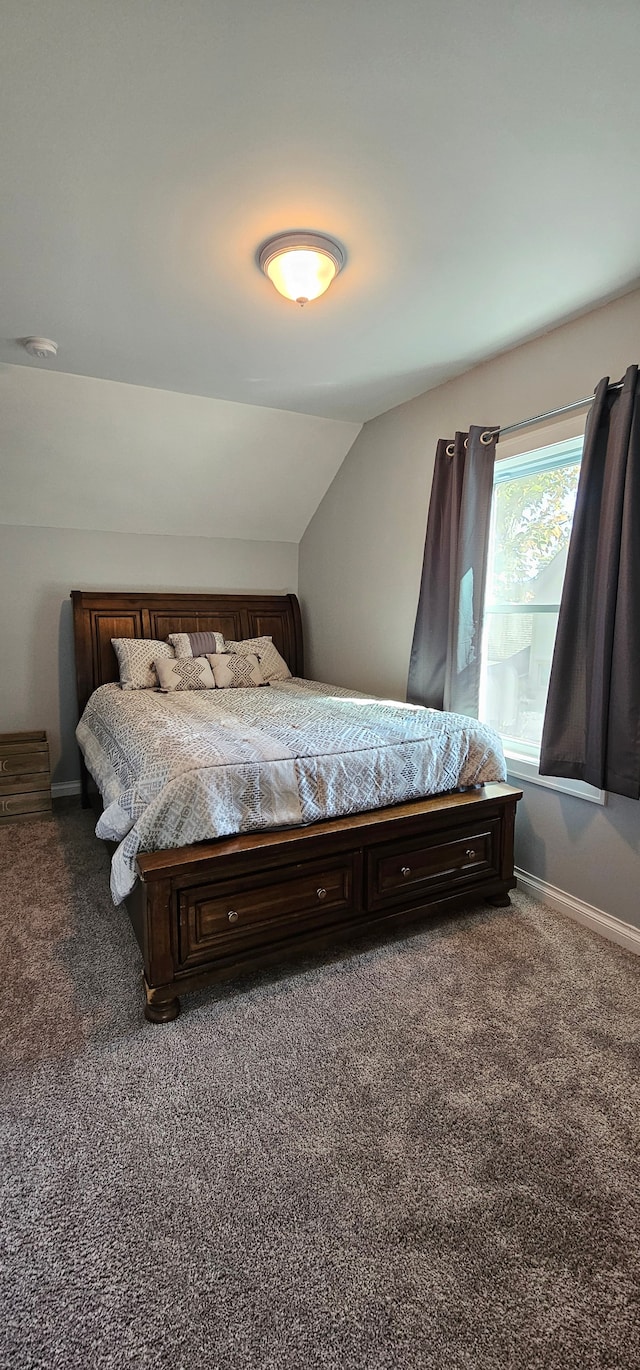 bedroom featuring dark carpet and vaulted ceiling