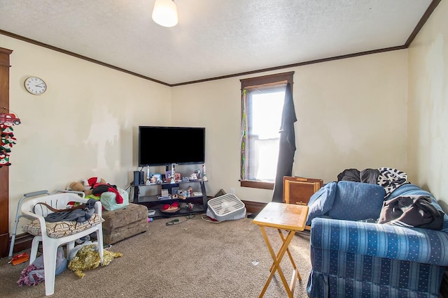 living room featuring carpet flooring, crown molding, and a textured ceiling