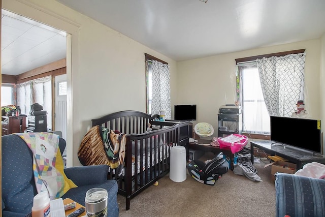 bedroom with carpet flooring and a crib