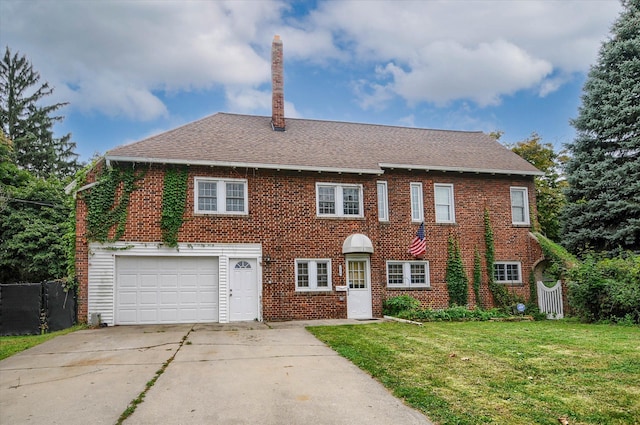 view of front of property featuring a front yard and a garage