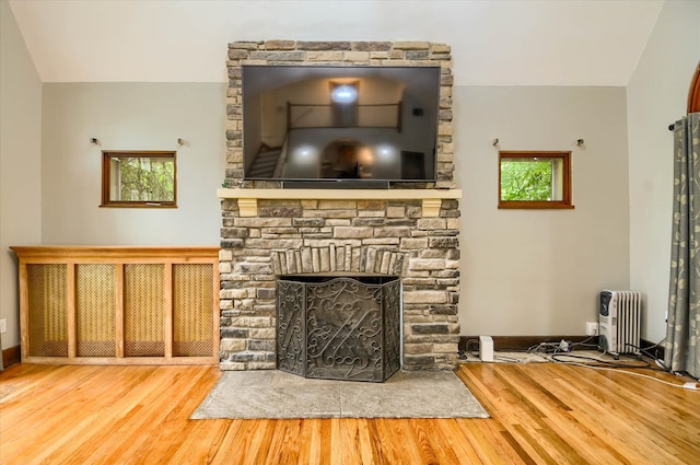 room details featuring radiator, a fireplace, and hardwood / wood-style flooring