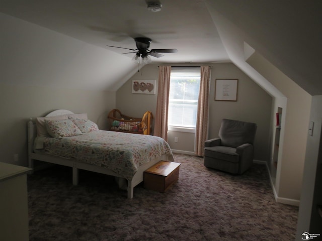 carpeted bedroom featuring ceiling fan and lofted ceiling