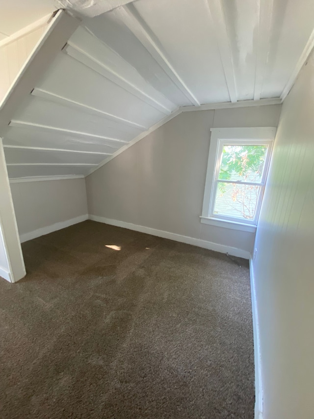 additional living space with lofted ceiling and dark colored carpet