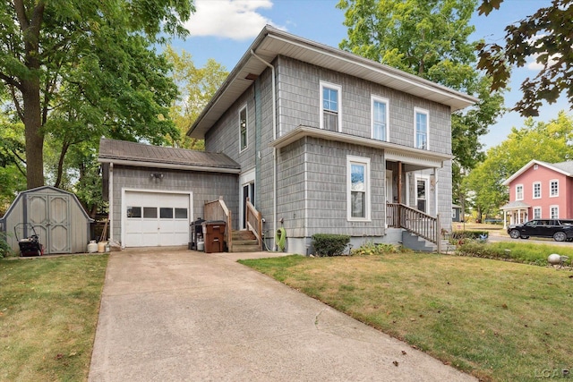 view of front facade featuring a garage, a shed, and a front lawn