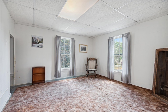 unfurnished room featuring carpet, a drop ceiling, and a healthy amount of sunlight