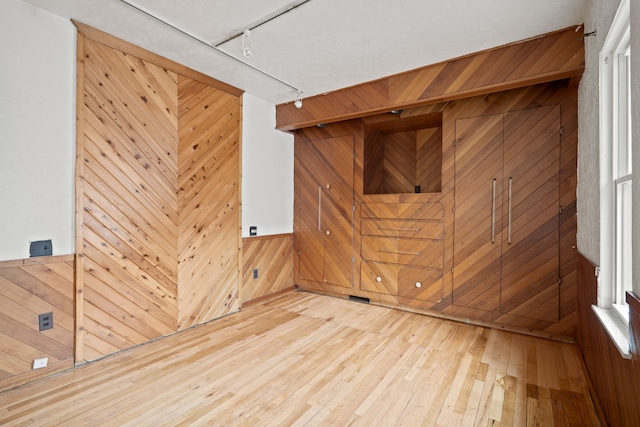 interior space featuring wood walls and wood-type flooring