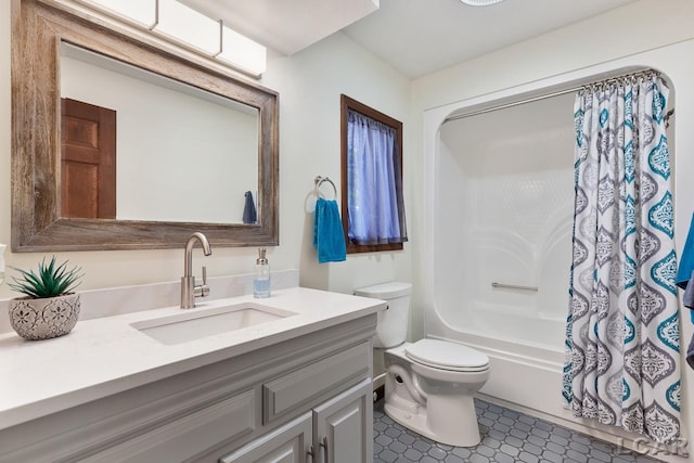 full bathroom featuring vanity, toilet, and shower / bathtub combination with curtain