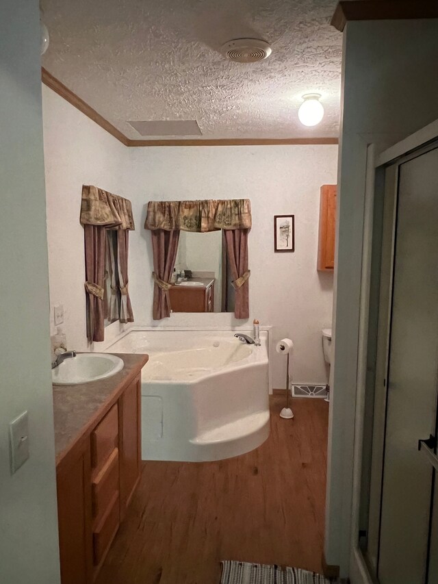 9996 N Chippewa Rd, Coleman, MI 48618 - bathroom with a garden tub, vanity, wood finished floors, a shower stall, and a textured ceiling