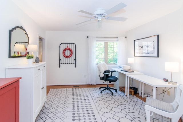 office area featuring ceiling fan and light wood-type flooring