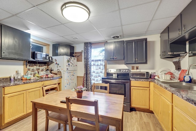 kitchen with appliances with stainless steel finishes, light brown cabinetry, a drop ceiling, sink, and light hardwood / wood-style floors