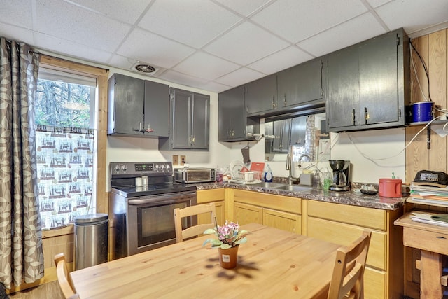 kitchen with gray cabinetry, a drop ceiling, stainless steel range with electric stovetop, and sink