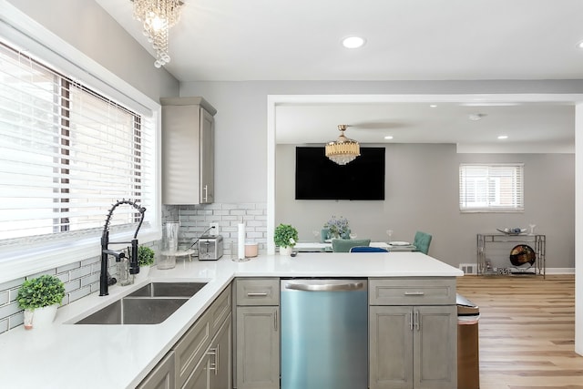 kitchen featuring gray cabinetry, sink, stainless steel dishwasher, backsplash, and a chandelier