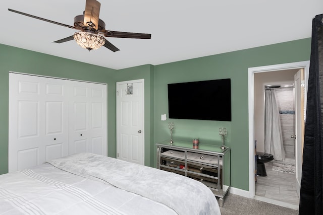 bedroom with ceiling fan and carpet