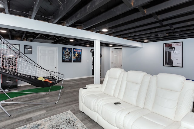 interior space featuring beam ceiling and dark wood-type flooring