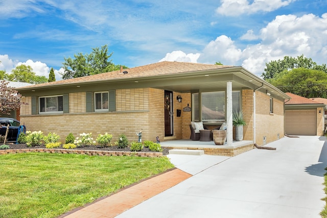 ranch-style house with a front yard and a porch