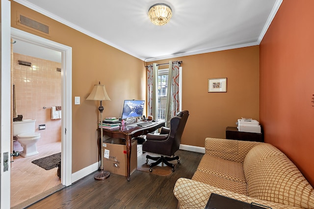 office area featuring dark hardwood / wood-style flooring, crown molding, and tile walls