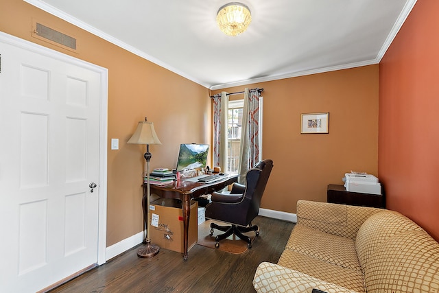 home office featuring dark wood-type flooring and ornamental molding