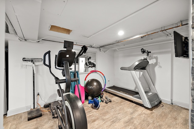 exercise room featuring light hardwood / wood-style floors