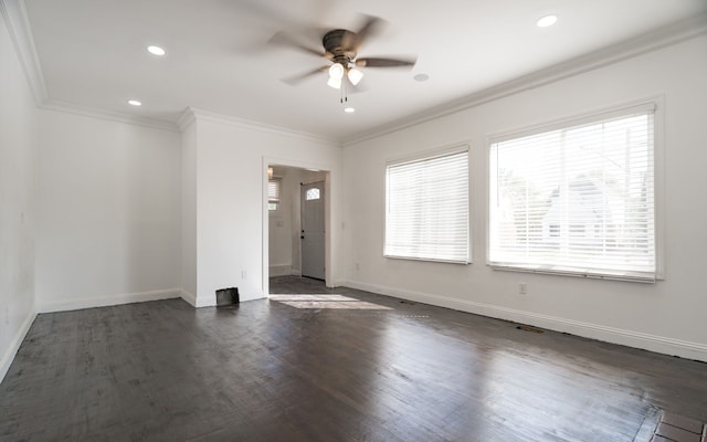 spare room featuring ceiling fan, dark hardwood / wood-style flooring, and ornamental molding