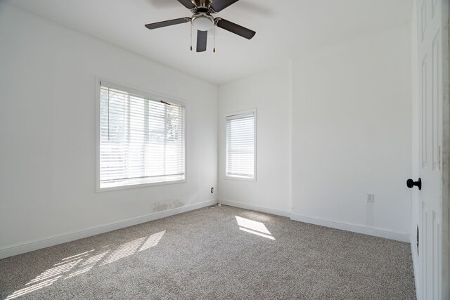 carpeted spare room featuring ceiling fan and a healthy amount of sunlight