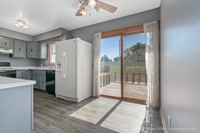 kitchen featuring stove, dark wood-type flooring, white refrigerator with ice dispenser, black dishwasher, and gray cabinets