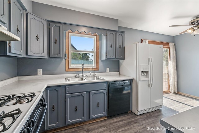 kitchen with dark hardwood / wood-style flooring, gray cabinetry, white appliances, ceiling fan, and sink