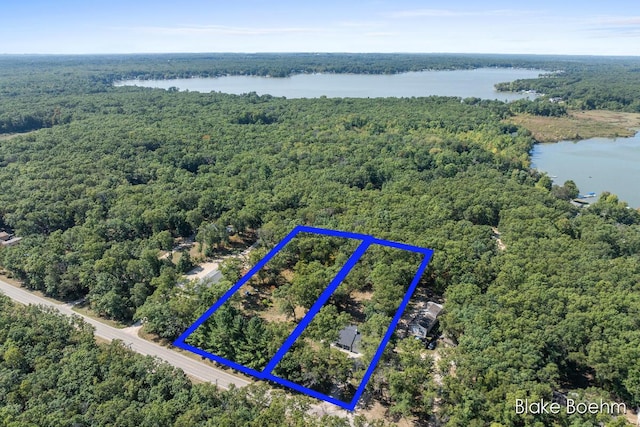 8981 Spruce Ave Unit B, Newaygo, MI 49337 - aerial view of property and surrounding area with a forest, a large body of water, and property boundaries highlighted