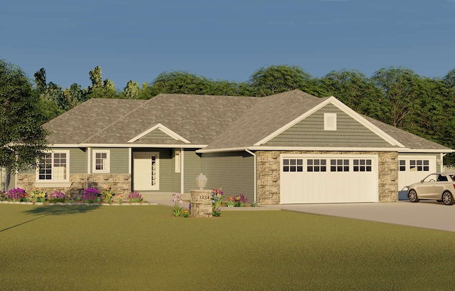 craftsman-style home featuring a garage and a front lawn