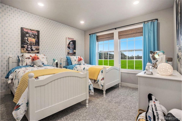 4442 Sprauge Ln, Swartz Creek, MI 48473 - bedroom featuring baseboards, carpet flooring, recessed lighting, and wallpapered walls