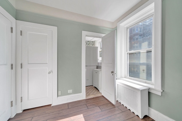 bedroom featuring multiple windows, light wood-type flooring, and radiator