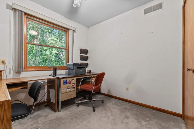 office area featuring light colored carpet