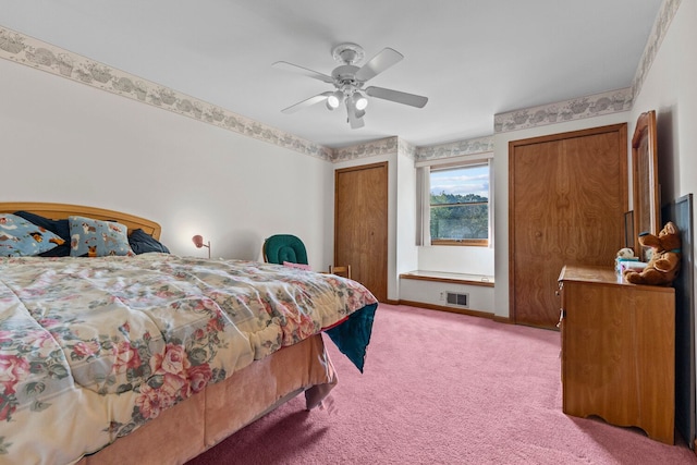 carpeted bedroom featuring ceiling fan