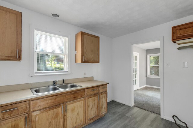 16652 Hubbell St, Detroit, MI 48235 - kitchen with a sink, wood finished floors, light countertops, baseboards, and brown cabinetry