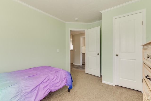 bedroom featuring light colored carpet and crown molding