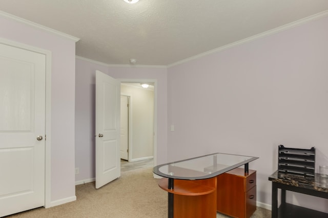 office space with light carpet, a textured ceiling, and ornamental molding