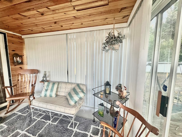 sunroom with wood ceiling