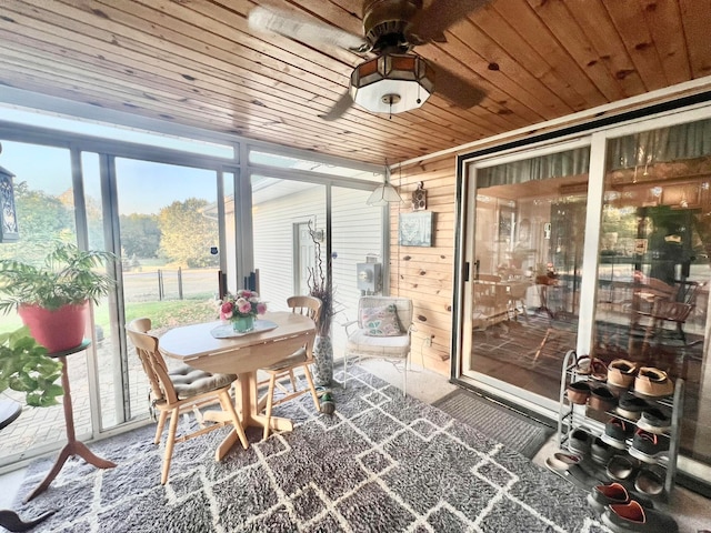 sunroom / solarium featuring ceiling fan and wooden ceiling