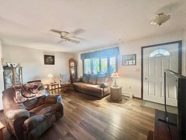 living room featuring ceiling fan, wood-type flooring, and a baseboard radiator